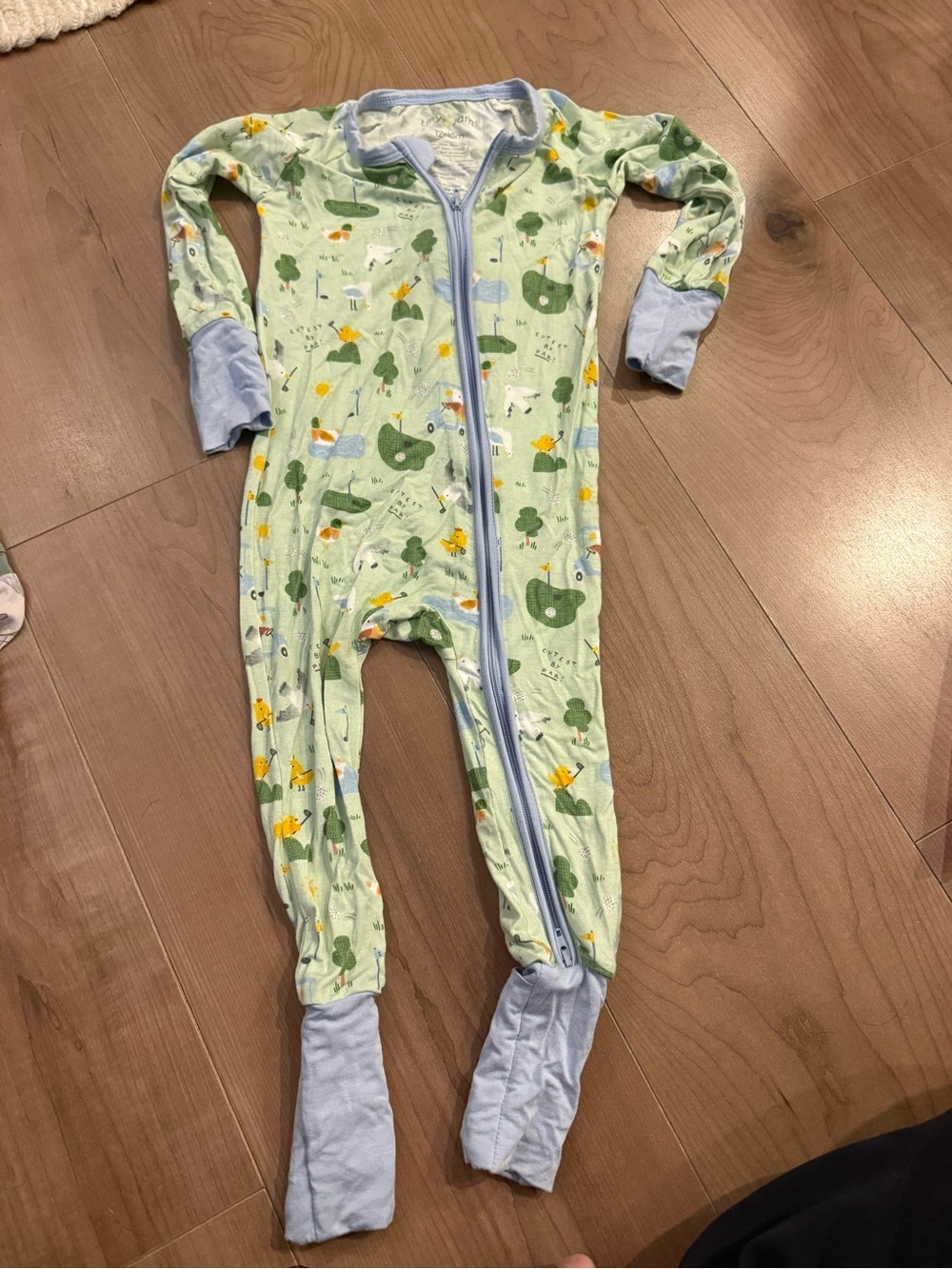Baby Zip-Front One-Piece Sleep & Play in Light Green with Blue Trim